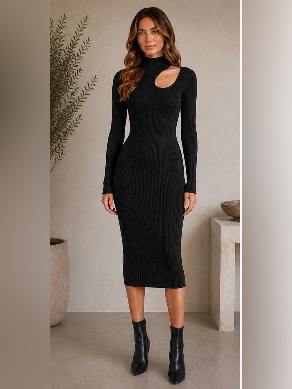 Anine Bing Black Ribbed Cutout Midi Dress